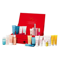 Calendario de Adviento CLARINS con 24 sorpresas de tratamientos faciales, corporales y maquillaje en diseño ecológico.
