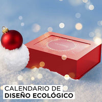 Calendario de Adviento CLARINS con 24 sorpresas de tratamientos faciales, corporales y maquillaje en diseño ecológico.