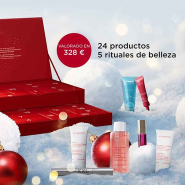 Calendario de Adviento CLARINS con 24 sorpresas de tratamientos faciales, corporales y maquillaje en diseño ecológico.