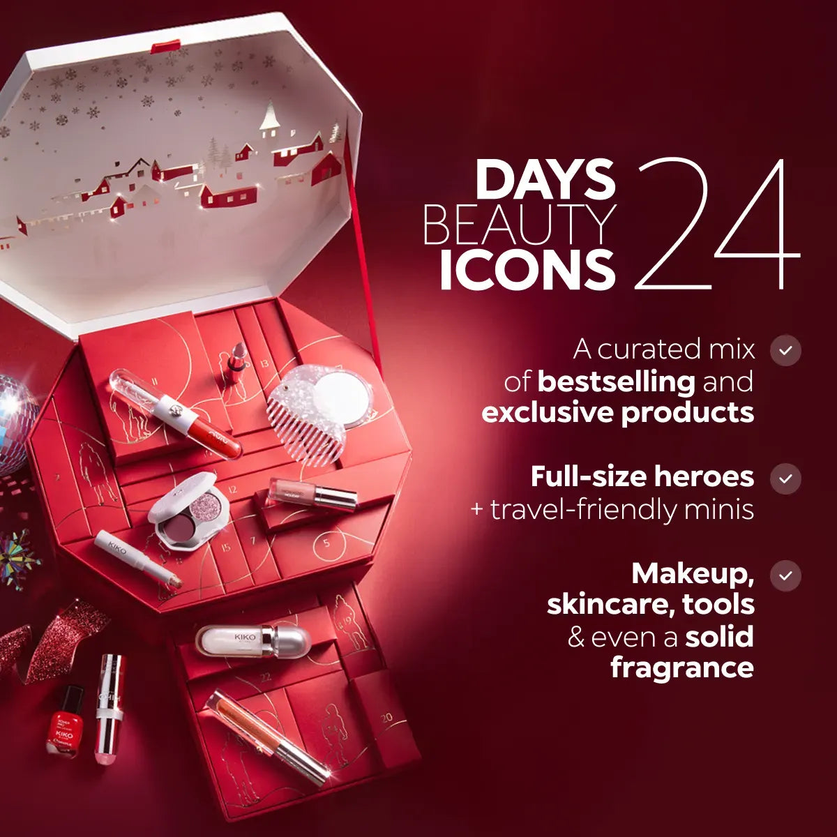 Calendario de Adviento KIKO MILANO SNOW-KISSED HOLIDAY con 24 sorpresas de maquillaje y skincare en una caja festiva.