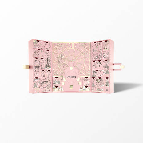 Calendario de Adviento LANCÔME 2025 con diseño de maleta, incluye 24 sorpresas y 6 productos de tamaño completo.