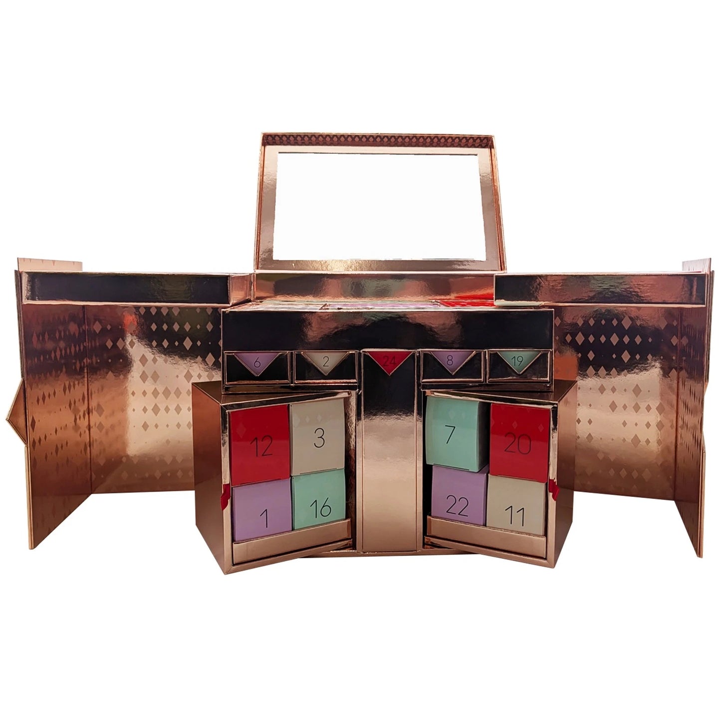 Calendario de Adviento M·A·C MISTERIO MUST HAVES 2025 en color rojo, con 24 puertas y diseño reutilizable.