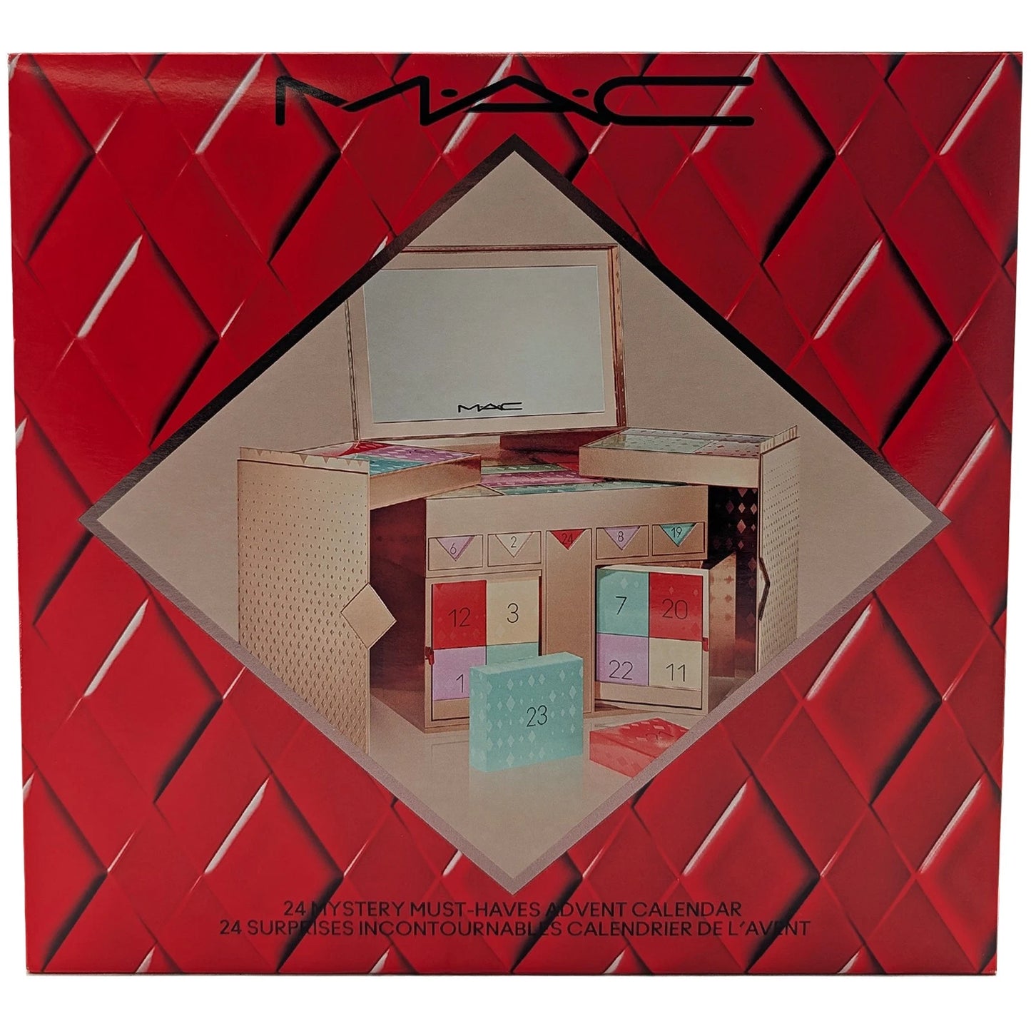 Calendario de Adviento M·A·C MISTERIO MUST HAVES 2025 en color rojo, con 24 puertas y diseño reutilizable.