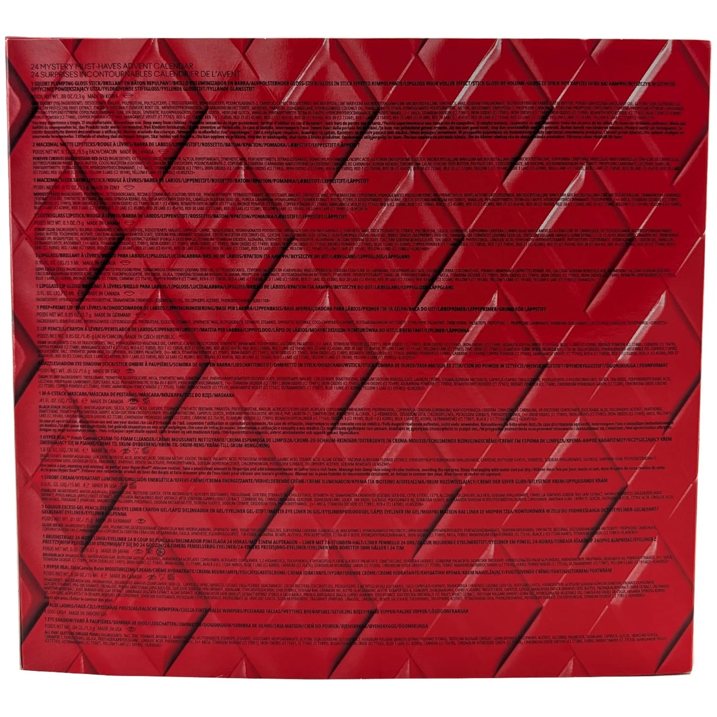 Calendario de Adviento M·A·C MISTERIO MUST HAVES 2025 en color rojo, con 24 puertas y diseño reutilizable.