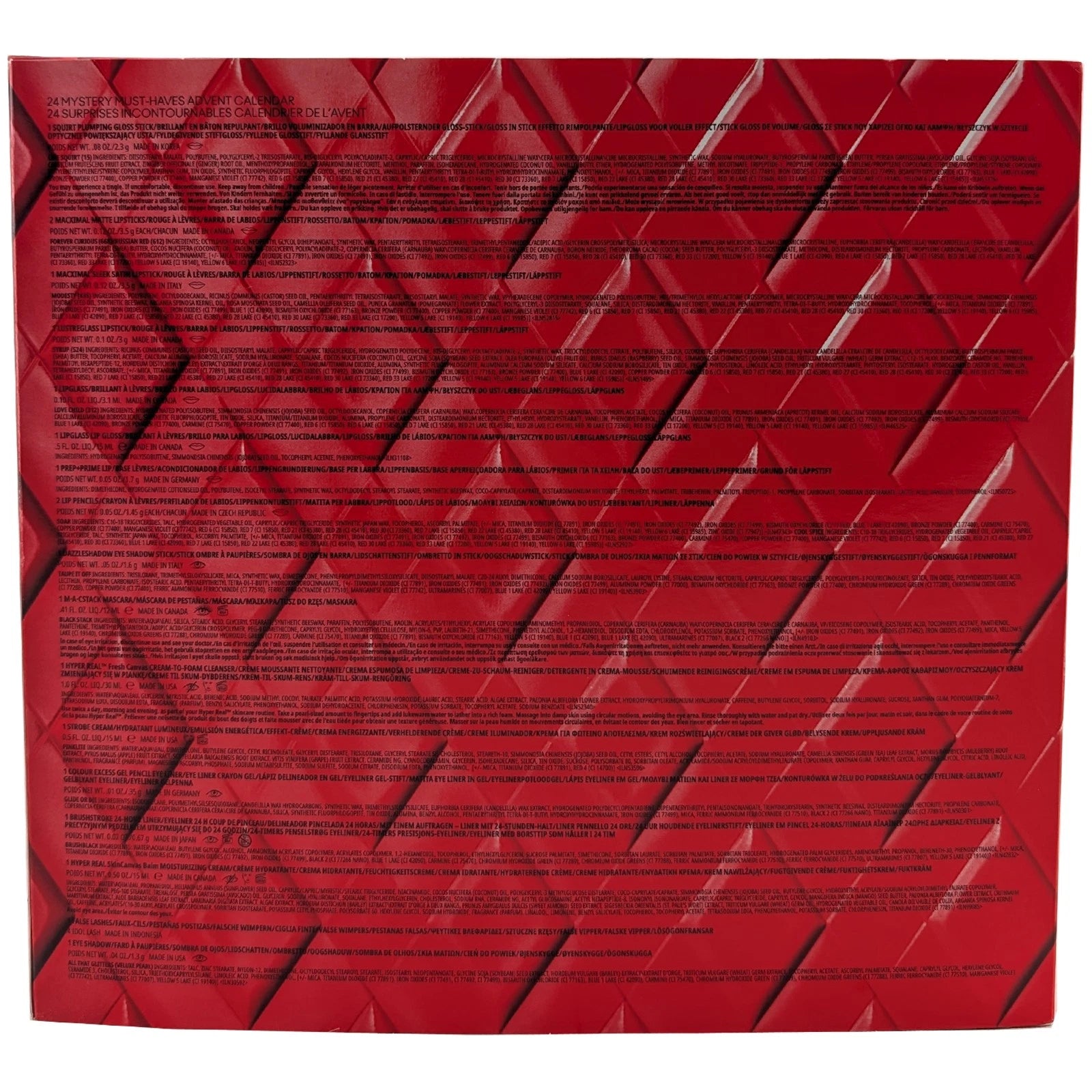 Calendario de Adviento M·A·C MISTERIO MUST HAVES 2025 en color rojo, con 24 puertas y diseño reutilizable.