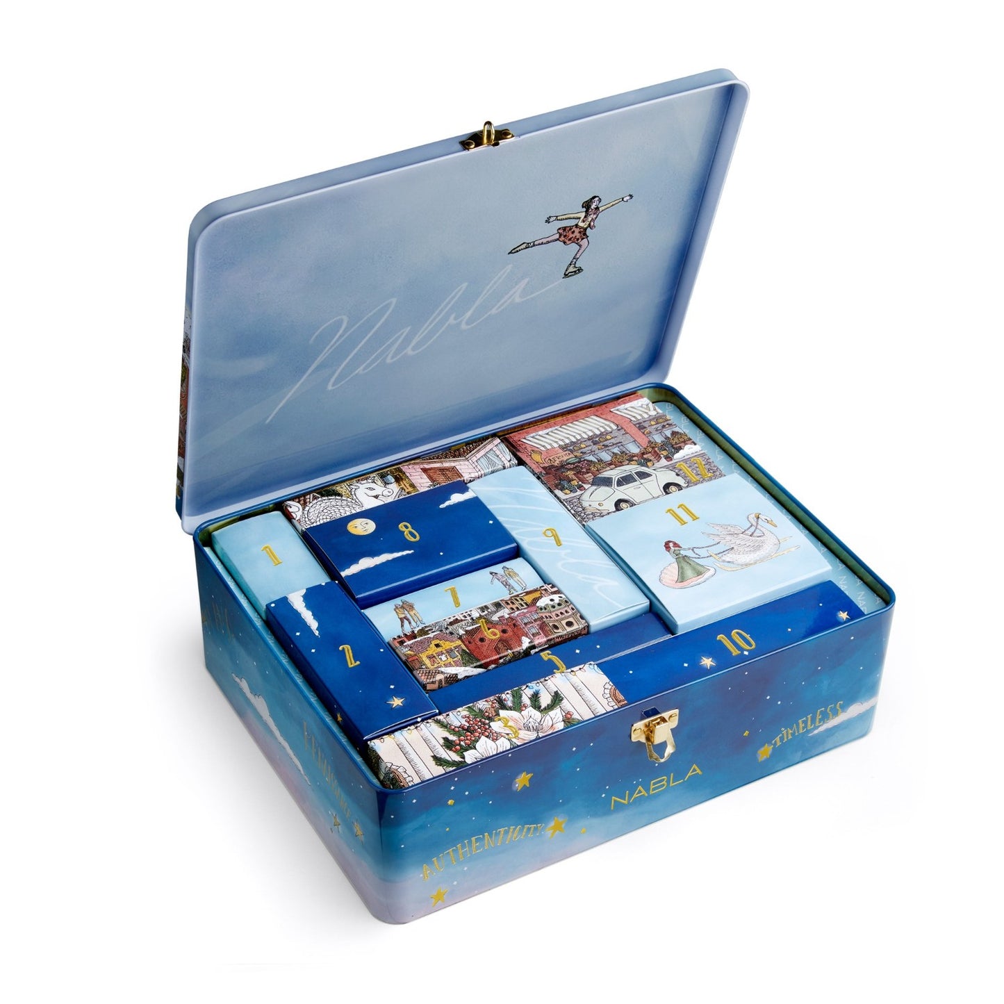 Calendario de Adviento NABLA 2025 con 15 sorpresas full size y estuche metálico coleccionable.