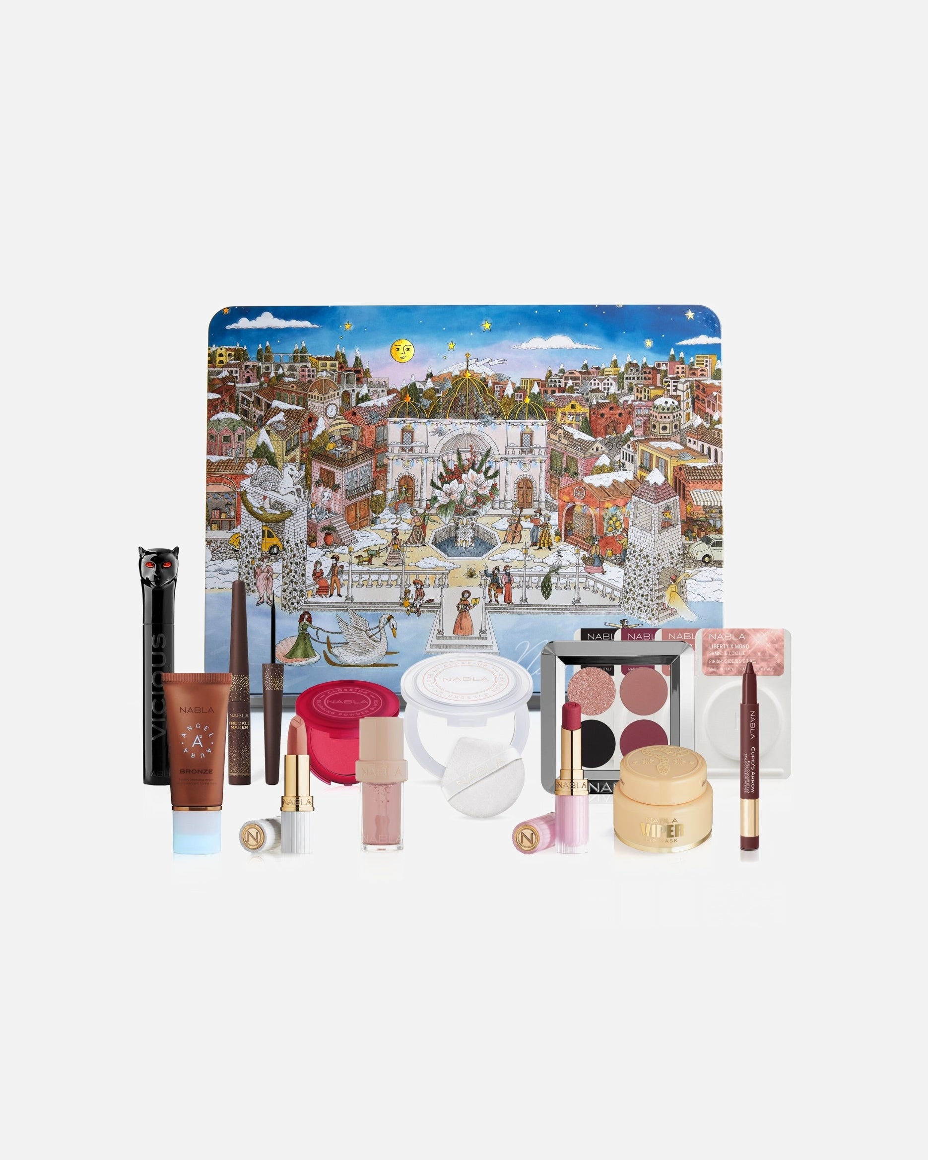 Calendario de Adviento NABLA 2025 con 15 sorpresas full size y estuche metálico coleccionable en fondo festivo.