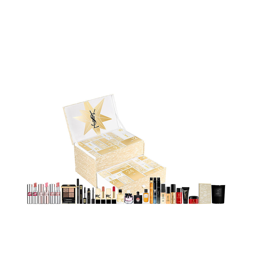 Calendario de Adviento YVES SAINT LAURENT con diseño couture, mostrando 24 sorpresas de maquillaje, skincare y fragancias.