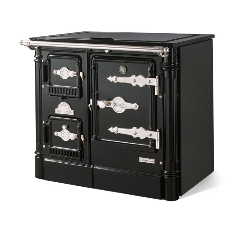 Cocina de leña HERGOM L-07/90 CH SE de hierro fundido con diseño moderno y doble combustión, ideal para cocina rústica.