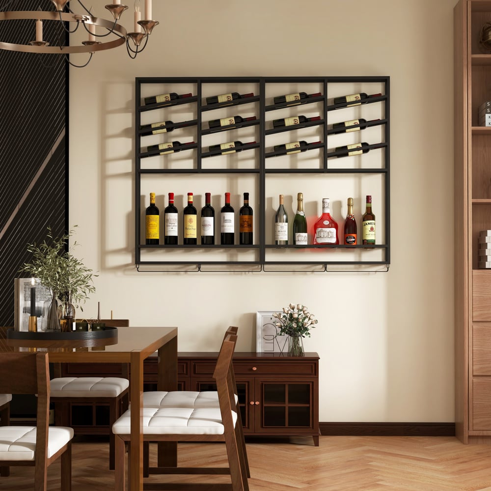 Estante industrial de pared negro para vino, capacidad para 6 botellas, con 2 estantes metálicos.