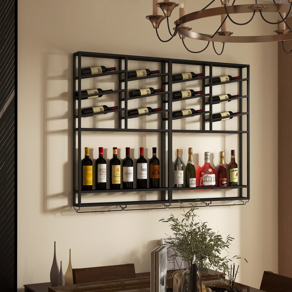Estante industrial de pared negro para vino, metálico, con capacidad para 6 botellas y 2 estantes.