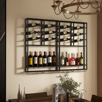 Estante industrial de pared negro para vino, metálico, con capacidad para 6 botellas y 2 estantes.