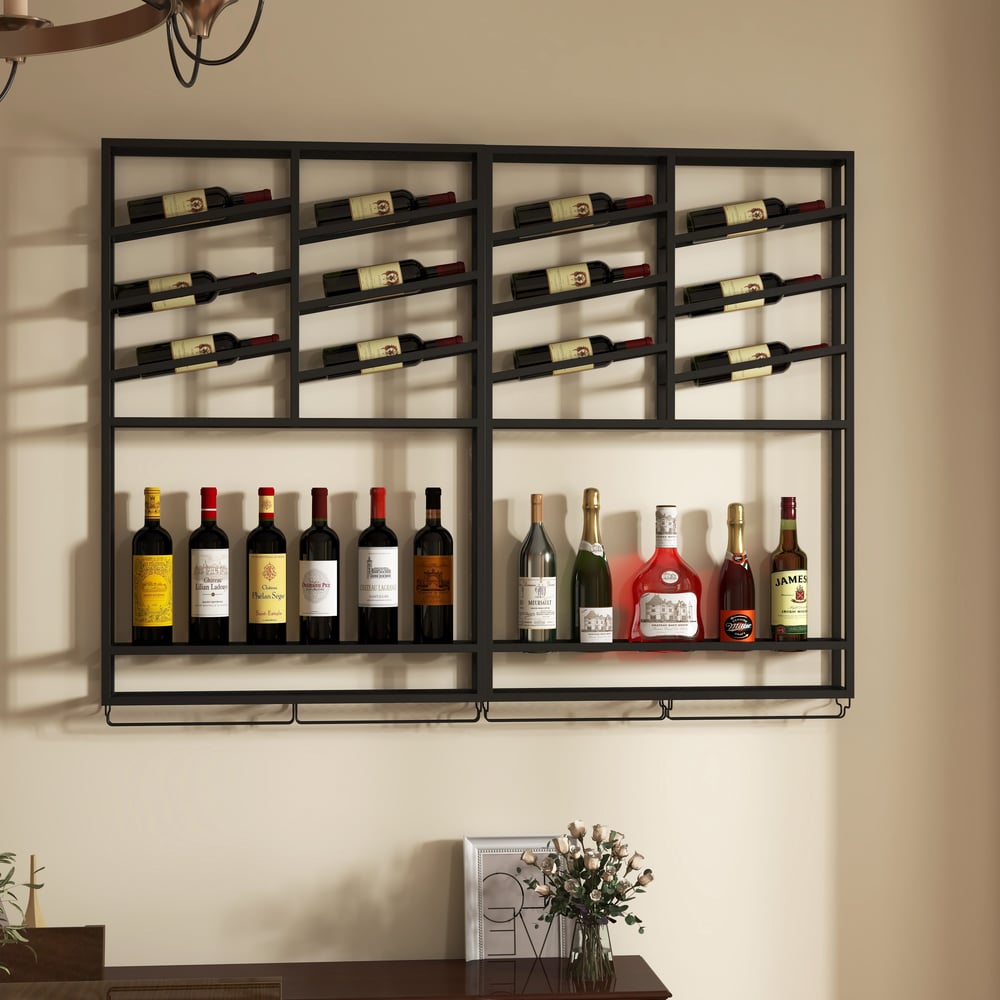 Estante industrial de pared para vino, botellero metálico negro, capacidad para 6 botellas, con 2 estantes.
