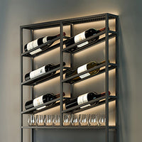 Estante industrial de pared negro para vino, capacidad para 6 botellas, con 2 estantes de metal decorativo.