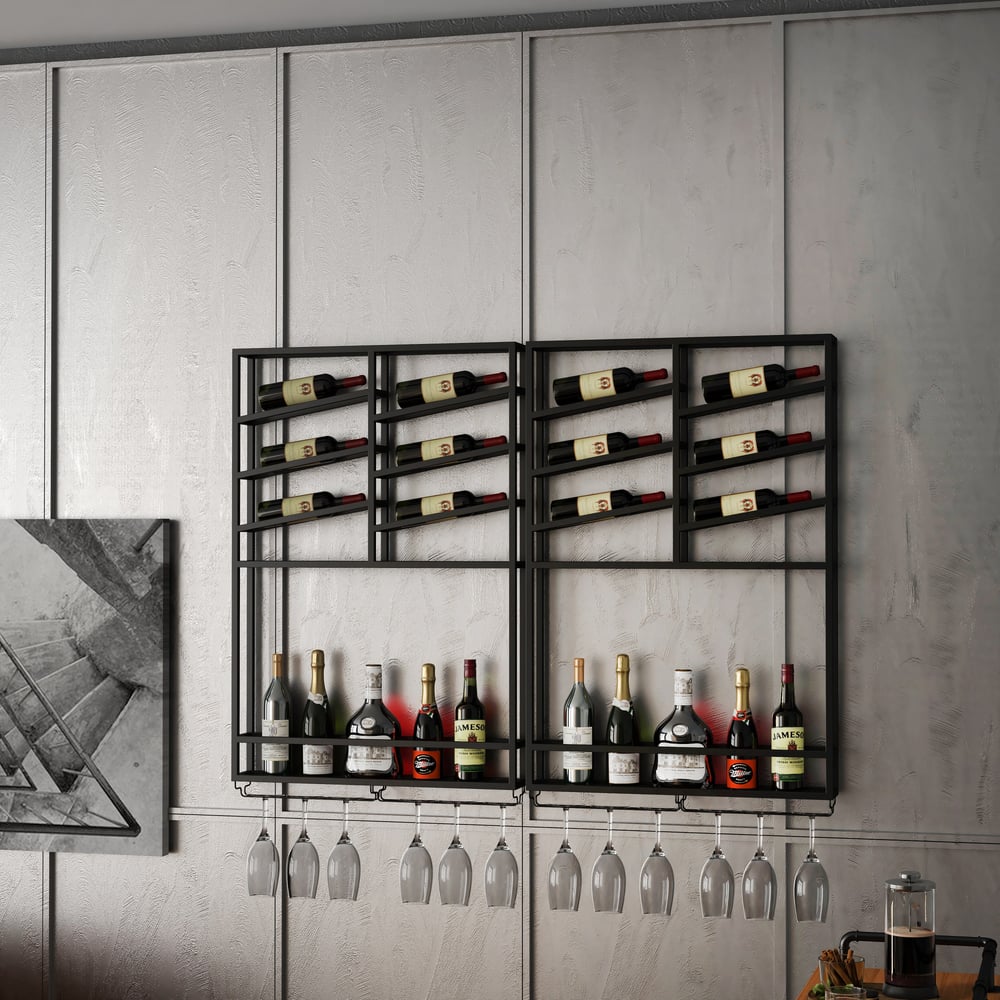 Estante industrial de pared negro para vino, metálico, con capacidad para 6 botellas y 2 estantes decorativos.