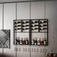 Estante industrial de pared negro para vino, metálico, con capacidad para 6 botellas y 2 estantes decorativos.