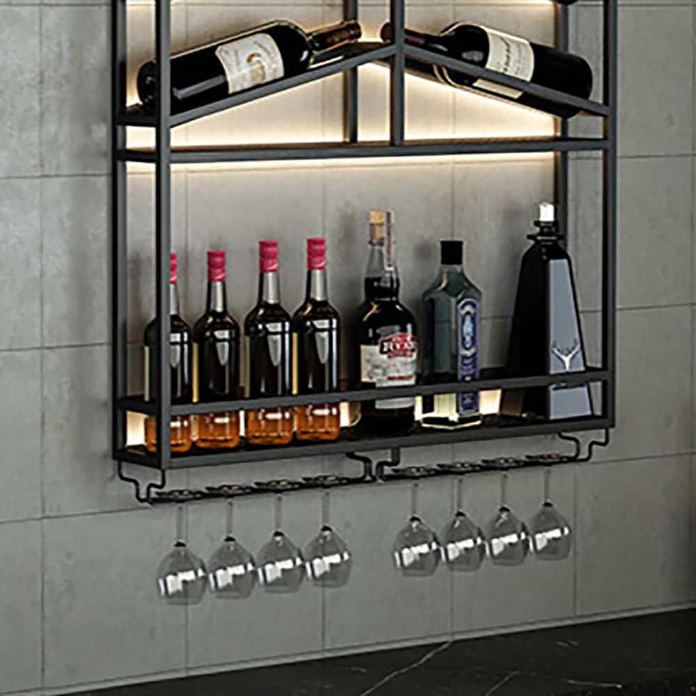 Estante industrial de pared para vino metálico negro, con capacidad para 6 botellas y 2 estantes decorativos.