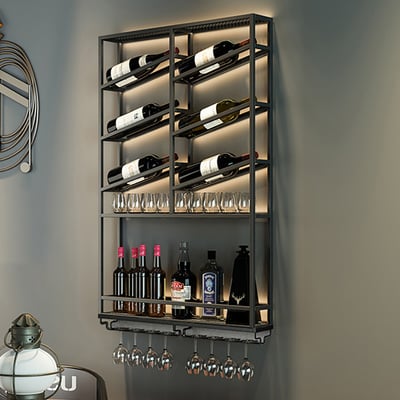 Metal wall-mounted wine rack with space for 6 bottles and 2 shelves, finished in black for stylish home decor.