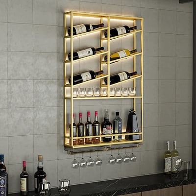 Estante industrial de pared para vino negro con capacidad para 6 botellas y 2 estantes, ideal para decoración.