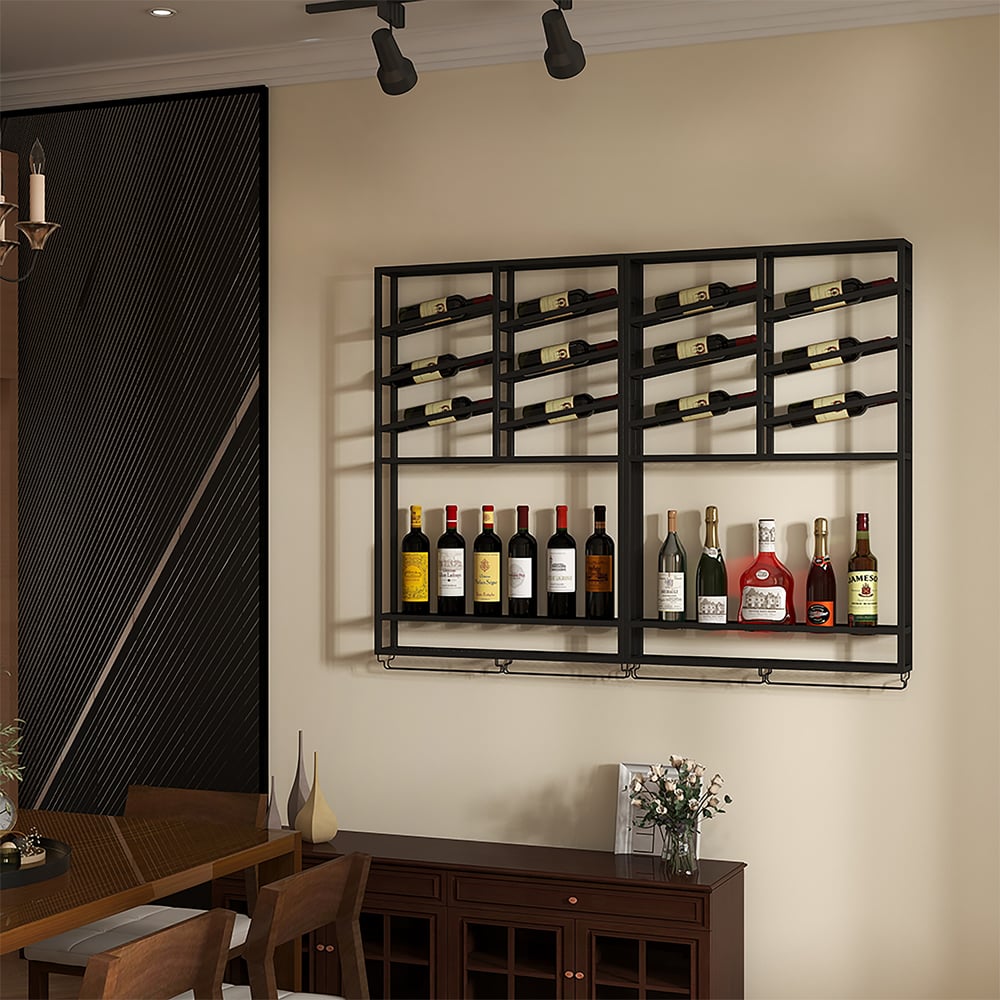Estante industrial de pared para vino en negro, capacidad para 6 botellas, con 2 estantes metálicos.