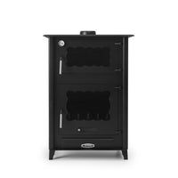 Estufa de leña Etna con horno superior y puertas de cristal vitrocerámico, mostrando su diseño elegante y funcional.