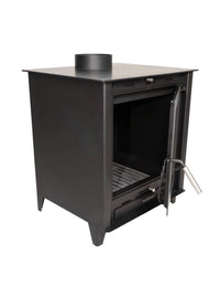 Estufa de leña Prensa Stove RALPH FR500 insertable, 8.8 kW, diseño moderno y eficiente, vista frontal en ambiente acogedor.