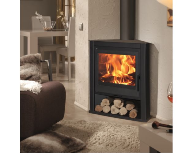 Estufa de leña Rinconera Panadero E40 de Ecodesign en acero, con doble cuerpo y diseño ecológico, mostrando su acabado elegante.