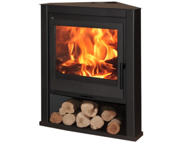 Estufa de leña rinconera Panadero E40 de Ecodesign, con doble cuerpo de acero y diseño ecológico, vista frontal.