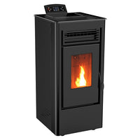 Estufa de pellets NEBULA 9 kW con contenedor de 15 kg y eficiencia A+ en un diseño moderno y funcional.