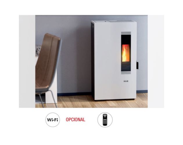 Estufa de pellets Stove Canadian Compacta en blanco, 5 kW, con diseño moderno y funcional para calefacción eficiente.