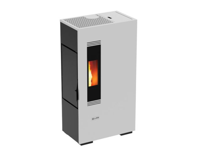 Estufa de pellets Stove Canadian Compacta en color blanco, modelo de 5 kW, mostrando diseño moderno y funcional.