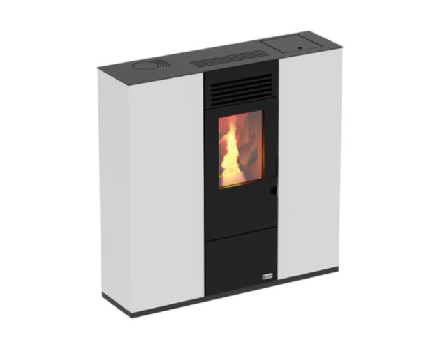 Estufa de pellets blanca de pasillo Stove Canadian, 9,72 kW, con profundidad de 25 cm, ideal para espacios reducidos.