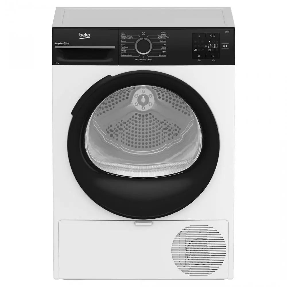 Secadora bomba de calor Beko BM3T37230W de 7 kg, vista frontal con puerta abierta mostrando el tambor interior.