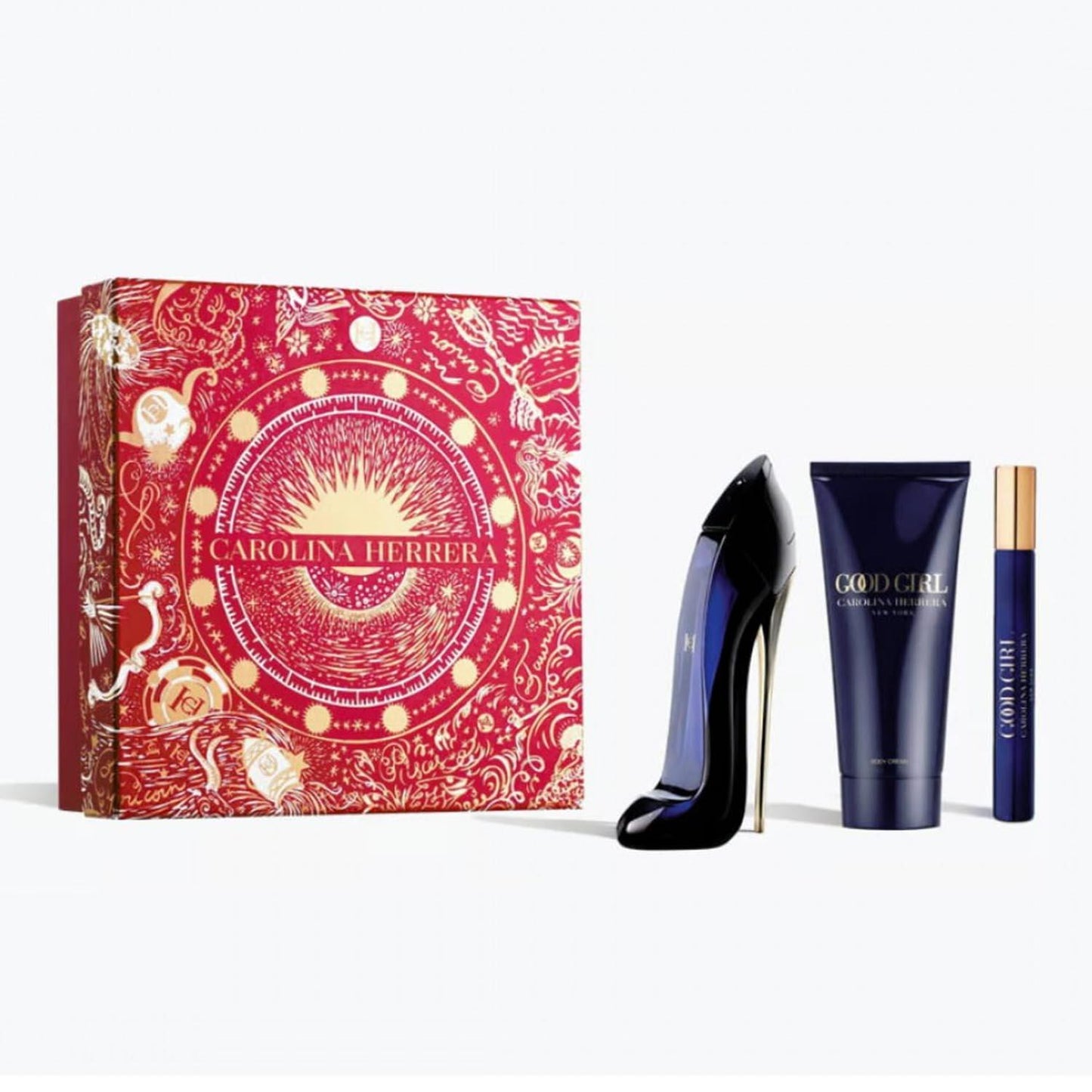 Carolina Herrera Good Girl gift set featuring 80 ml Eau de Parfum, 100 ml body lotion, and 10 ml mini fragrance.