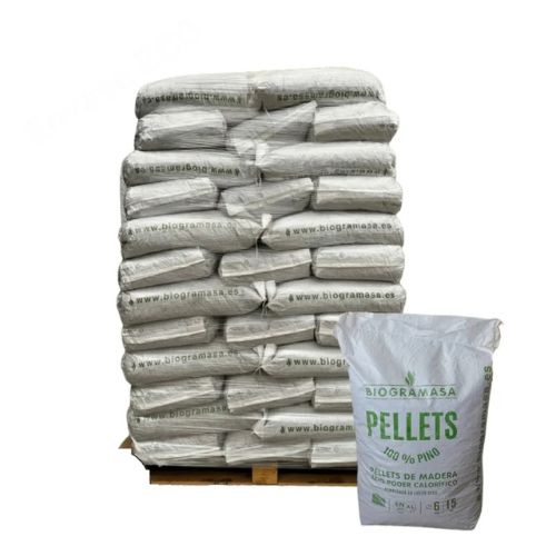 Palet de pellets BIOGRAMASA con 72 sacos de 15 kg, certificación ENplus A1, en un entorno de almacenamiento.