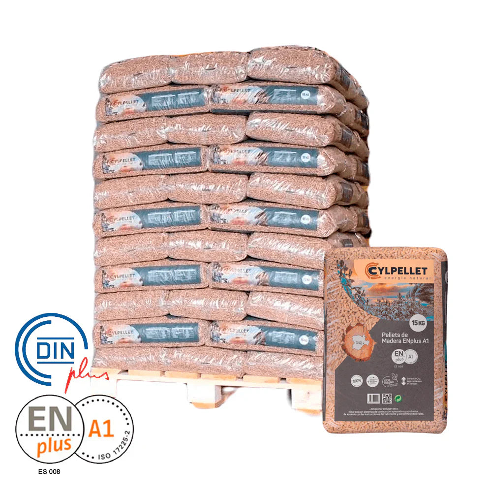 Palet de Pellet CYL featuring 25 bags of 15 kg pellets with DIN Plus certification and low ash content.