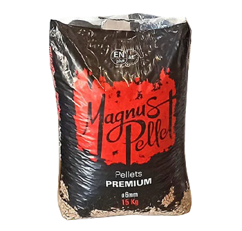 Palet de Pellet MAGNUS with 70 bags, showcasing high heat output and low ash content in a stacked arrangement.