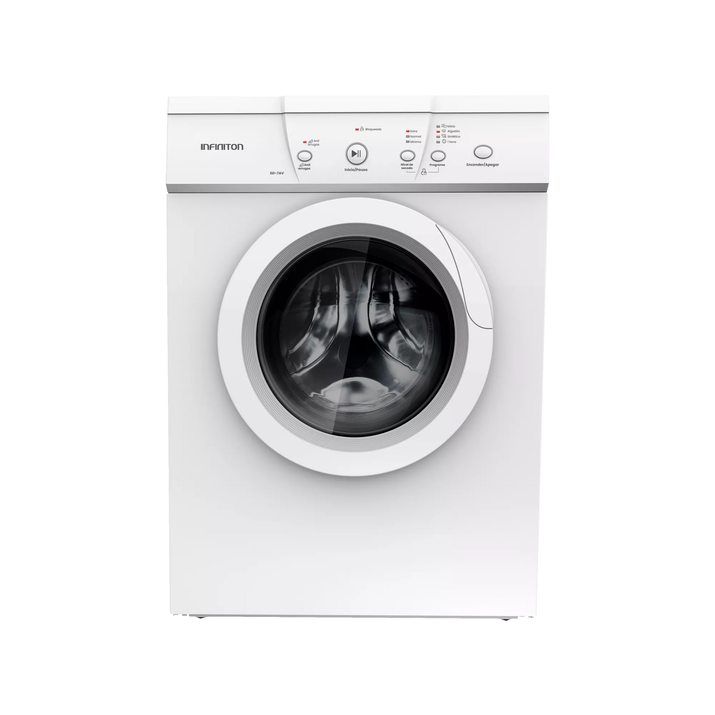 Secadora evacuación Infiniton SD-7AV de 7kg con diseño moderno y panel de control intuitivo.