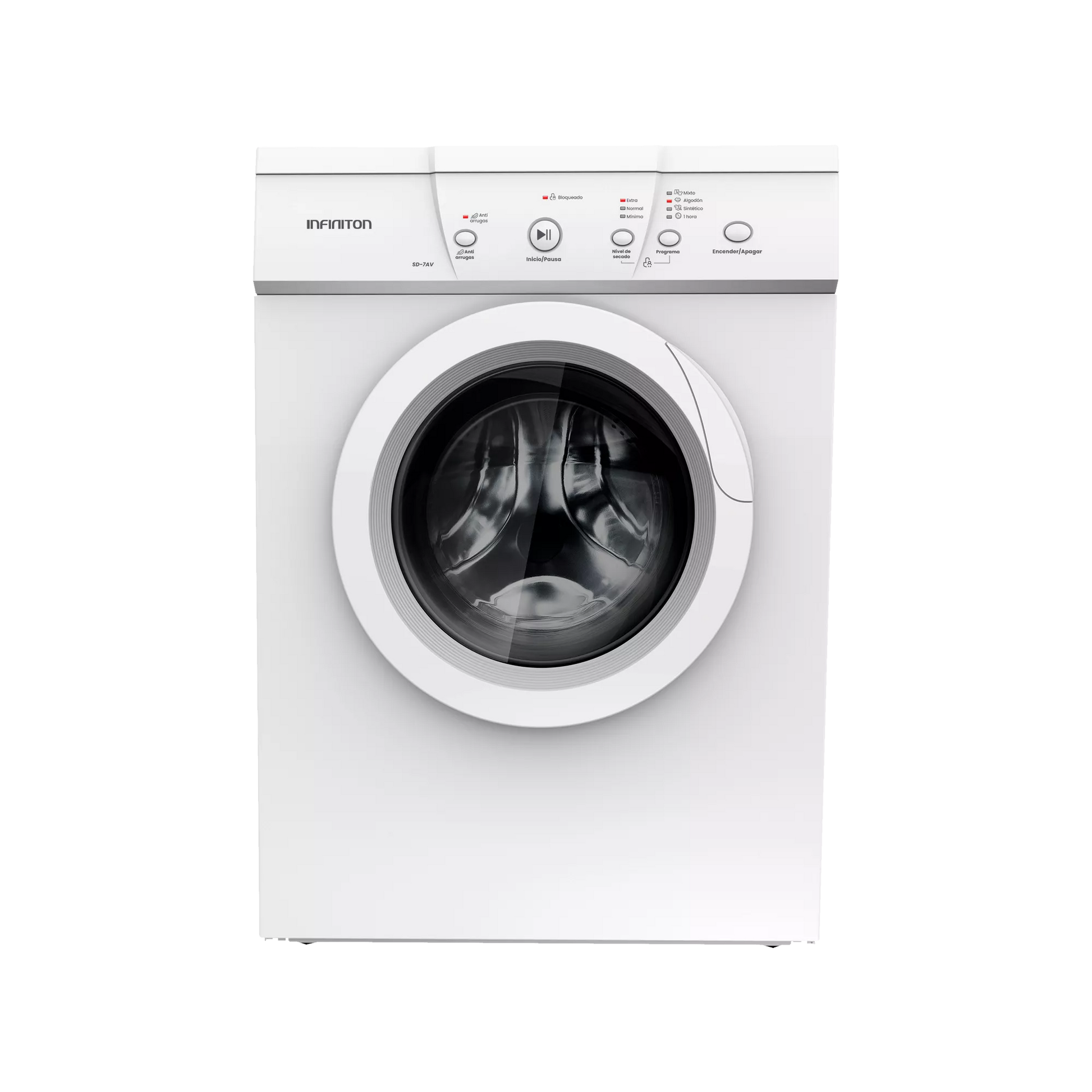 Secadora evacuación Infiniton SD-7AV de 7kg con diseño moderno y panel de control intuitivo.